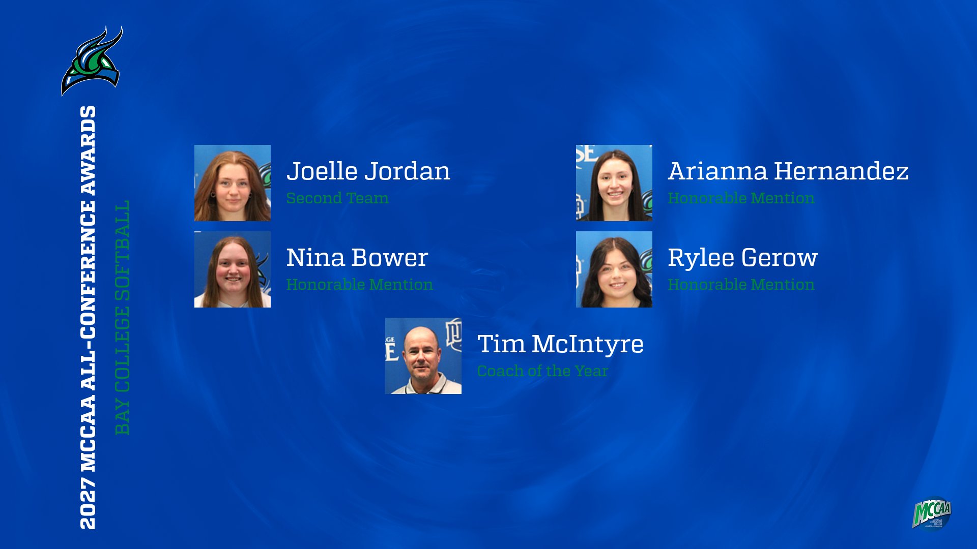 MCCAA All Conference Awards graphic showing Joelle Jordan, Arianna Hernandez, Nina Bower, Rylee Gerow, and Tim McIntyre