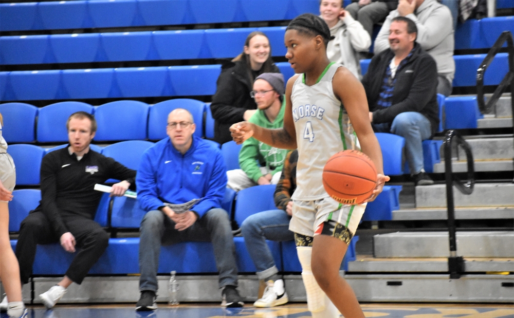 Amariona Humphrey dribbles as she reads the defense