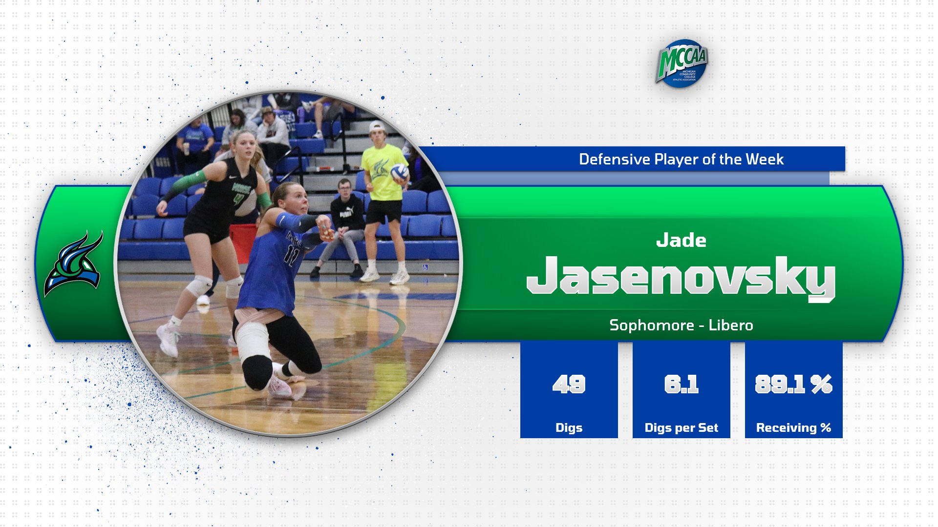 Jade Jasenovsky kneels on a dig, a graphic shows her stats for the week